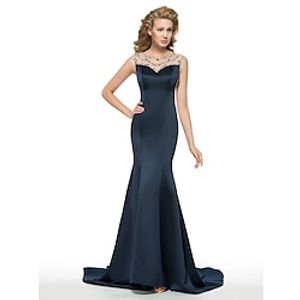 Mermaid  Trumpet Evening Gown Open Back Dress Formal Court Train Sleeveless Jewel Neck Satin with Beading 2023 Lightinthebox