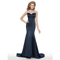 Mermaid  Trumpet Evening Gown Open Back Dress Formal Court Train Sleeveless Jewel Neck Satin with Beading 2023 Lightinthebox - thumbnail