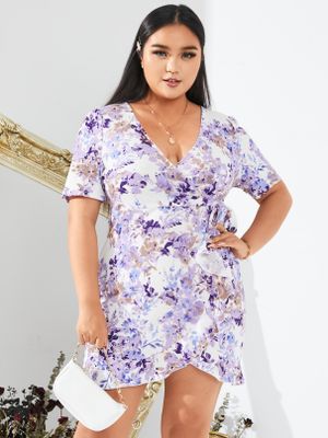 YOINS Plus Size V-neck Floral Print Ruffle Trim Wrap Design Mini Dress YOINS Plus Size V-neck Floral Print Ruffle Trim Wrap Design Mini Dress