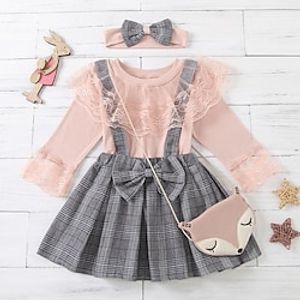 3 Pieces Kids Girls' DressSet SkirtSet Clothing Set Outfit Plaid Long Sleeve Lace Cotton Set Outdoor Cute Sweet Fall Summer 2-6 Years Pink Lightinthebox