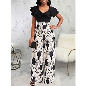 Women's Jumpsuit Ruffle Print Floral V Neck Holiday Bizwear Party Street Daily Regular Fit Short Sleeve Black S M L Summer Fall miniinthebox