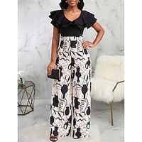 Women's Jumpsuit Ruffle Print Floral V Neck Holiday Bizwear Party Street Daily Regular Fit Short Sleeve Black S M L Summer Fall miniinthebox - thumbnail