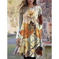 Women's Casual Dress Winter Dress T Shirt Dress Tee Dress Leaf Floral Pocket Print Crew Neck Midi Dress Fashion Streetwear Outdoor Daily Long Sleeve Regular Fit Yellow Pink Peach Fall Winter S M L XL miniinthebox - thumbnail