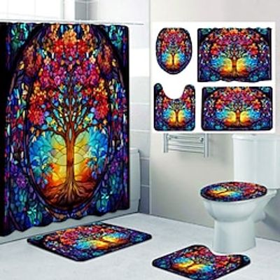 The Tree of Life Bathroom Deco 4 Pcs Shower Curtain Set Bathroom Sets Modern Home Bathroom Decor with Bath Mat U Shape and Toilet Lid Cover Mat and 12 Hooks Lightinthebox