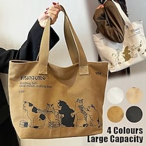 Women's Tote Shoulder Bag Canvas Tote Bag Canvas Outdoor Shopping Daily Zipper Large Capacity Lightweight Durable Cat Character off white Black Brown miniinthebox