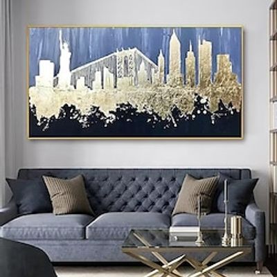 Hand Painted Wall Art New York City Skyline Cityscape Art on canvas Handmade Gold leaf art Abstract Skyline decor New York decor Skyline Home Decoration Decor Rolled Canvas No Frame Unstretched miniinthebox