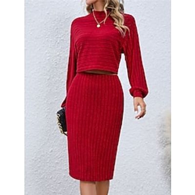 Women's Two Piece Dress Set Casual Dress Skirt Set Outdoor Office Red Valentines Dress Fashion Design Midi Dress Stand Collar Long Sleeve Plain Loose Fit Black Wine Gray Spring S M L XL XXL Lightinthebox