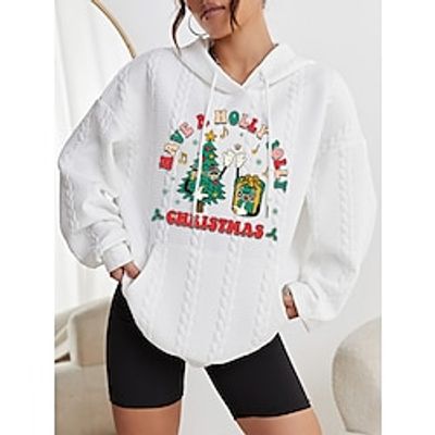 Women's Pullover Letter Christmas Tree Christmas Casual Front Pocket Black White Pink Casual Hoodie Long Sleeve Micro-elastic Fall  Winter Lightinthebox