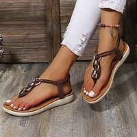 Women's Sandals Boho Bohemia Beach Flip-Flops Braided Sandals Daily Beach Shoes And Bags Matching Sets Hollow Out Beading Flat Heel Open Toe Minimalism Faux Leather Elastic Band Solid Color Black miniinthebox - thumbnail