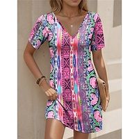 Women's Vintage Dress Casual Dress Geometric Tribal Print V Neck Mini Dress Vintage Ethnic Holiday Date Short Sleeve Regular Fit Pink Blue Green Summer Spring S M L XL XXL Lightinthebox - thumbnail