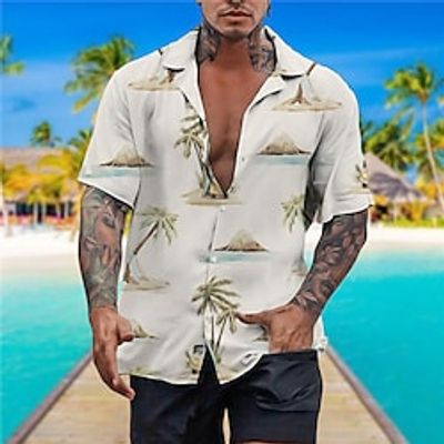 Men's Shirt Summer Hawaiian Shirt Coconut Tree Graphic Prints Turndown Yellow Blue Gray Casual Holiday Short Sleeve Button-Down Print Clothing Apparel Tropical Fashion Streetwear Hawaiian miniinthebox