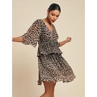 Chiffon Pleated Leopard Print V Neck Mini Dress