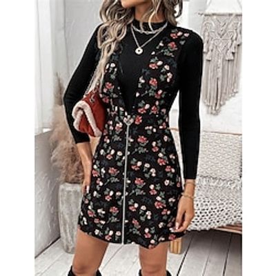 Women's Two Piece Dress Set Casual Dress Sheath Dress Outdoor Date Fashion Modern Print Patchwork Mini Dress Stand Collar Long Sleeve Floral Regular Fit Black Fall Winter S M L XL XXL Lightinthebox