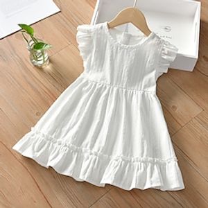 Kids Girls' Dress Solid Colored Dress School Ruffle Cotton Short Sleeve Casual Dress Spring White Lightinthebox
