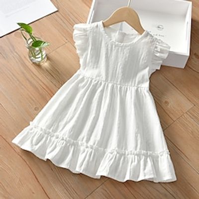 Kids Girls' Dress Solid Colored Dress School Ruffle Cotton Short Sleeve Casual Dress Spring White Lightinthebox