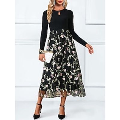 Women's Casual Dress Winter Dress Floral Mesh Embroidered Crew Neck Midi Dress Fashion Streetwear Outdoor Date Long Sleeve Regular Fit Black Fall Winter S M L XL XXL Lightinthebox