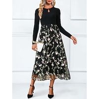Women's Casual Dress Winter Dress Floral Mesh Embroidered Crew Neck Midi Dress Fashion Streetwear Outdoor Date Long Sleeve Regular Fit Black Fall Winter S M L XL XXL Lightinthebox - thumbnail