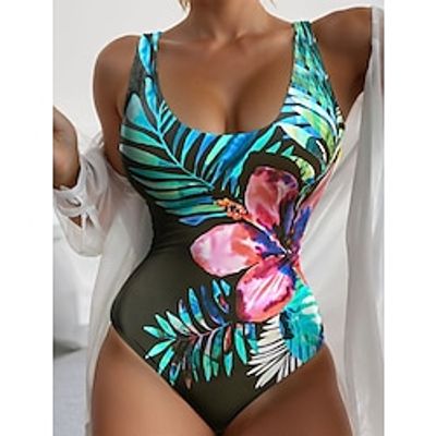 Women's Swimwear One Piece Normal Swimsuit Printing Graphic Floral Black Blue Bodysuit Bathing Suits Sports Beach Wear Holiday Lightinthebox