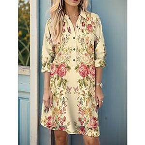 Women's Casual Dress Shirt Dress Winter Dress Floral Button Pocket Shirt Collar Midi Dress Fashion Streetwear Outdoor Daily Long Sleeve Loose Fit Light Yellow Fall Winter S M L XL 3XL Lightinthebox
