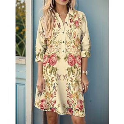 Women's Casual Dress Shirt Dress Winter Dress Floral Button Pocket Shirt Collar Midi Dress Fashion Streetwear Outdoor Daily Long Sleeve Loose Fit Light Yellow Fall Winter S M L XL 3XL Lightinthebox