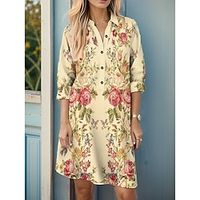 Women's Casual Dress Shirt Dress Winter Dress Floral Button Pocket Shirt Collar Midi Dress Fashion Streetwear Outdoor Daily Long Sleeve Loose Fit Light Yellow Fall Winter S M L XL 3XL Lightinthebox - thumbnail