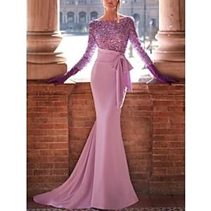 Mermaid  Trumpet Evening Gown Elegant Dress Formal Sweep  Brush Train Long Sleeve Scoop Neck Sequined with Glitter Bow(s) Pleats 2023 Lightinthebox