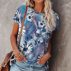 Women's Floral Theme Painting T shirt Floral Print Round Neck Basic Tops Green Blue Purple / 3D Print miniinthebox