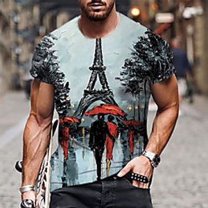 Men's Unisex Tee T shirt Shirt 3D Print Eiffel Tower Graphic Prints Print Short Sleeve Daily Tops Casual Designer Big and Tall Blue  Summer Lightinthebox
