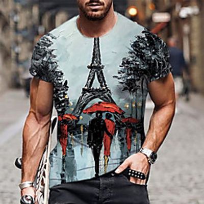 Men's Unisex Tee T shirt Shirt 3D Print Eiffel Tower Graphic Prints Print Short Sleeve Daily Tops Casual Designer Big and Tall Blue  Summer Lightinthebox