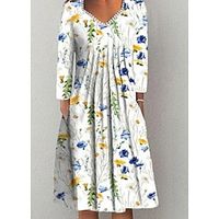 Women's A Line Dress Knee Length Dress White 34 Length Sleeve Floral Ruched Print Spring Summer V Neck Elegant Modern 2022 S M L XL 2XL 3XL Lightinthebox - thumbnail
