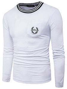 Striped Round Neck Embroidery Patch Pocket T-Shirt