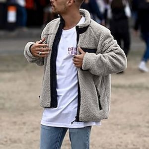 Men's Sweatshirt Fuzzy Sherpa Full Zip Sweatshirt Black Brown Gray Standing Collar Color Block Pocket Sports  Outdoor Daily Holiday Vintage Streetwear Casual Fall  Winter Clothing Apparel Hoodies Lightinthebox