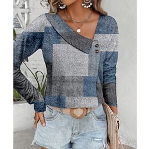 Women's Shirt Blouse Plaid Red Blue Green Print Button Long Sleeve Casual Fashion V Neck Regular Fit Spring   Fall Lightinthebox