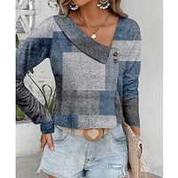 Women's Shirt Blouse Plaid Red Blue Green Print Button Long Sleeve Casual Fashion V Neck Regular Fit Spring   Fall Lightinthebox - thumbnail
