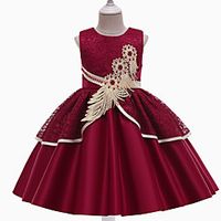 Kids Little Girls' Dress Jacquard Birthday Party Layered Wine Dusty Rose Gold Above Knee Sleeveless Flower Cute Dresses Children's Day All Seasons Slim 3-8 Years miniinthebox - thumbnail