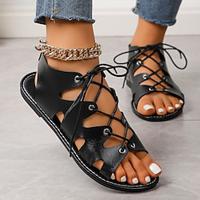 Women's Sandals Flats Lace Up Sandals Strappy Sandals Comfort Shoes Daily Vacation Lace-up Flat Heel Round Toe Peep Toe Comfort Minimalism PU Lace-up Black Lightinthebox