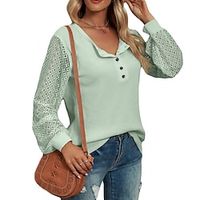 Women's Shirt Blouse Plain Black Pink Royal Blue Lace Patchwork Button Long Sleeve Casual Fashion Round Neck Regular Fit Fall  Winter Lightinthebox - thumbnail