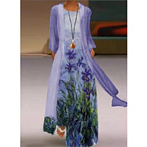 Women's Loose Maxi long Dress Purple Long Sleeve Flower Print Spring Summer Round Neck Elegant Ethnic 2021 M L XL XXL XXXL 4XL 5XL miniinthebox