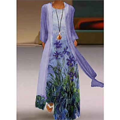 Women's Loose Maxi long Dress Purple Long Sleeve Flower Print Spring Summer Round Neck Elegant Ethnic 2021 M L XL XXL XXXL 4XL 5XL miniinthebox