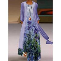 Women's Loose Maxi long Dress Purple Long Sleeve Flower Print Spring Summer Round Neck Elegant Ethnic 2021 M L XL XXL XXXL 4XL 5XL miniinthebox - thumbnail