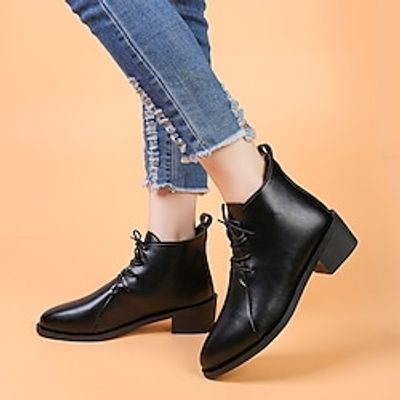 Women's Boots Plus Size Booties Ankle Boots Low Heel Round Toe Casual Daily PU Leather Lace-up Fall Winter Solid Colored Black miniinthebox