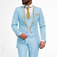 Light Blue Black Cream Men's Wedding Party Suits Solid Colored 3 Piece Tailored Fit Double Breasted Six-buttons 2023 miniinthebox - thumbnail