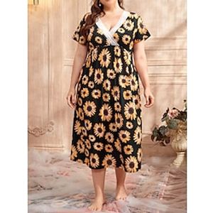 Women's Casual Dress Night Dress Midi Dress Daily Casual Print Lace Floral V Neck Home Lounge Black White 2023 Summer XL XXL 3XL 4XL Lightinthebox