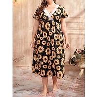 Women's Casual Dress Night Dress Midi Dress Daily Casual Print Lace Floral V Neck Home Lounge Black White 2023 Summer XL XXL 3XL 4XL Lightinthebox - thumbnail