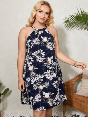 YOINS Plus Size Halter Floral Print Sleeveless Midi Dress YOINS Plus Size Halter Floral Print Sleeveless Midi Dress