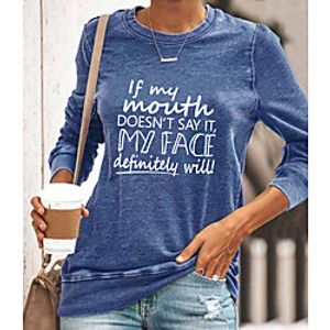 Women's Painting T shirt Text Long Sleeve Print Round Neck Basic Tops Blue Yellow Gray miniinthebox