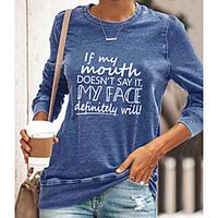 Women's Painting T shirt Text Long Sleeve Print Round Neck Basic Tops Blue Yellow Gray miniinthebox - thumbnail
