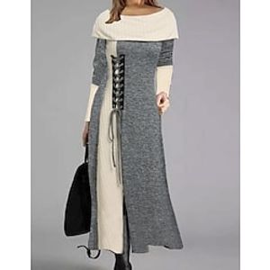 Women's Sweater Dress Knit Dress Maxi long Dress Dark Gray Long Sleeve Color Block Patchwork Split Fall Winter Crew Neck Stylish Modern 2022 S M L XL XXL 3XL Lightinthebox