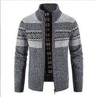 Men's Sweater Cardigan Sweater Zip Sweater Sweater Jacket Fleece Sweater Waffle Knit Cropped Knitted Solid Color Crew Neck Basic Stylish Outdoor Daily Clothing Apparel Winter Fall Dusty Blue Light miniinthebox - thumbnail