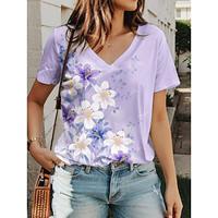 Women's T shirt Tee Floral Casual Daily Purple Print Short Sleeve Fashion V Neck Regular Fit Summer Lightinthebox